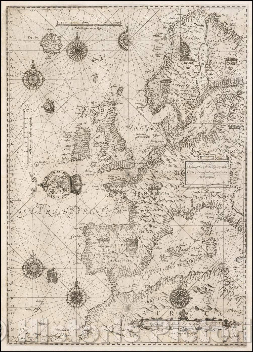 Historic Map - A Generall Carde, discription of the Sea Coastes of Europa, and navigation in this booke conteyned, 1588, Lucas Janszoon Waghenaer - Vintage Wall Art