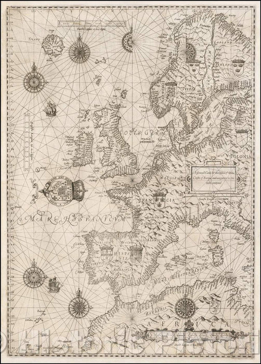 Historic Map - A Generall Carde, discription of the Sea Coastes of Europa, and navigation in this booke conteyned, 1588, Lucas Janszoon Waghenaer - Vintage Wall Art