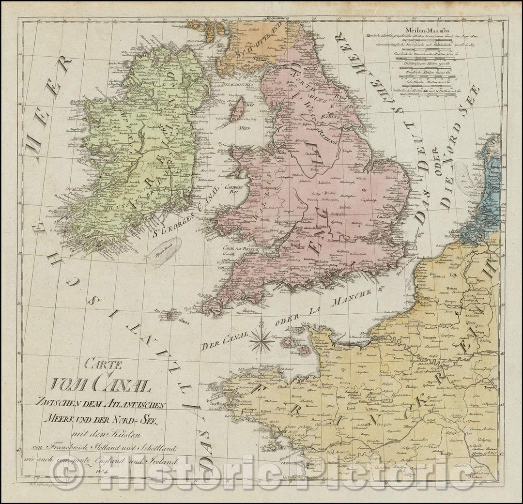 Historic Map - Carte vom Canal Zwischen dem Atlantischen Meere/Chart of the British Isles, published in Hannover in 1804, 1804, J. F. Saltzenberg - Vintage Wall Art