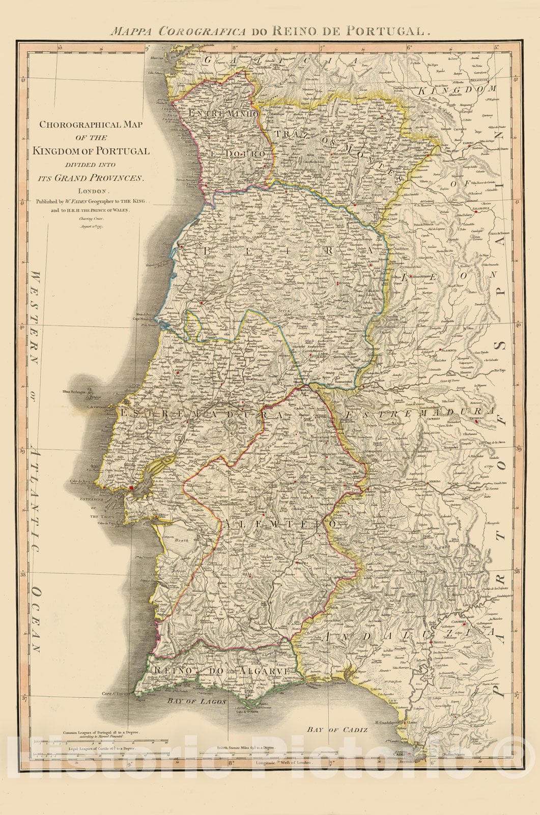 Historic Map - Chorographical Map of the Kingdom of Portugal Divided into its Grand Provinces, 1801, William Faden - Vintage Wall Art