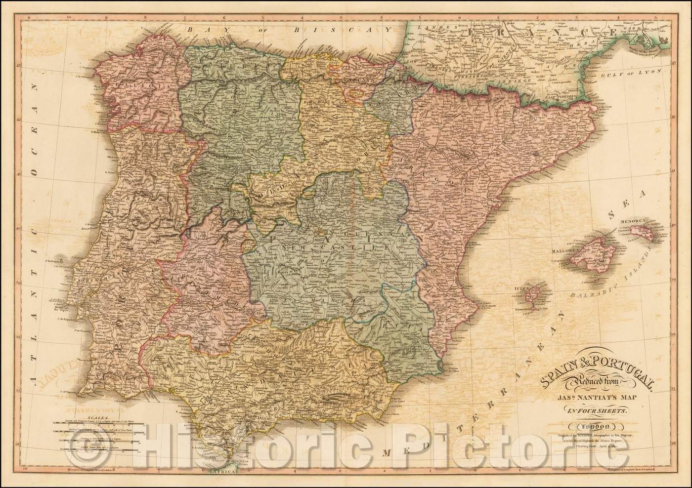 Historic Map - Spain & Portugal, Reduced from Jasr. Nantiat's Map In Four Sheets, 1812, William Faden - Vintage Wall Art
