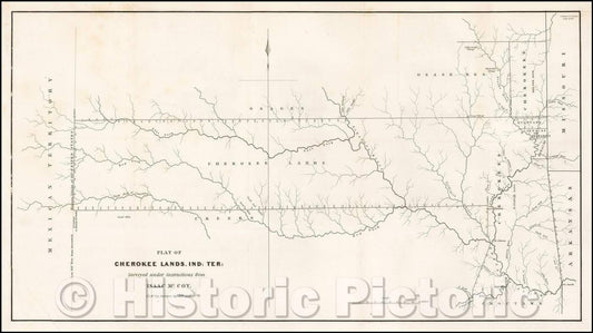Historic Map - Plat of Cherokee Lands, Ind: Terr: Surveyed under instructions from Isaac McCoy, 1837, J.C. McCoy - Vintage Wall Art