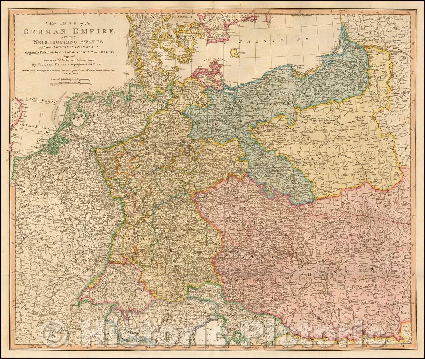 Historic Map - The German Empire, and the Neighbouring States with the Principal Post Roads, Originally, 1788, William Faden v2