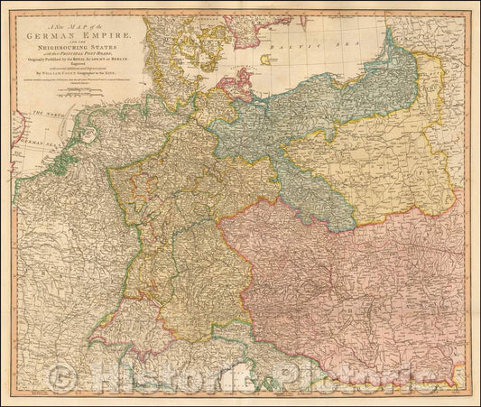 Historic Map - The German Empire, and the Neighbouring States with the Principal Post Roads, Originally, 1788, William Faden v2