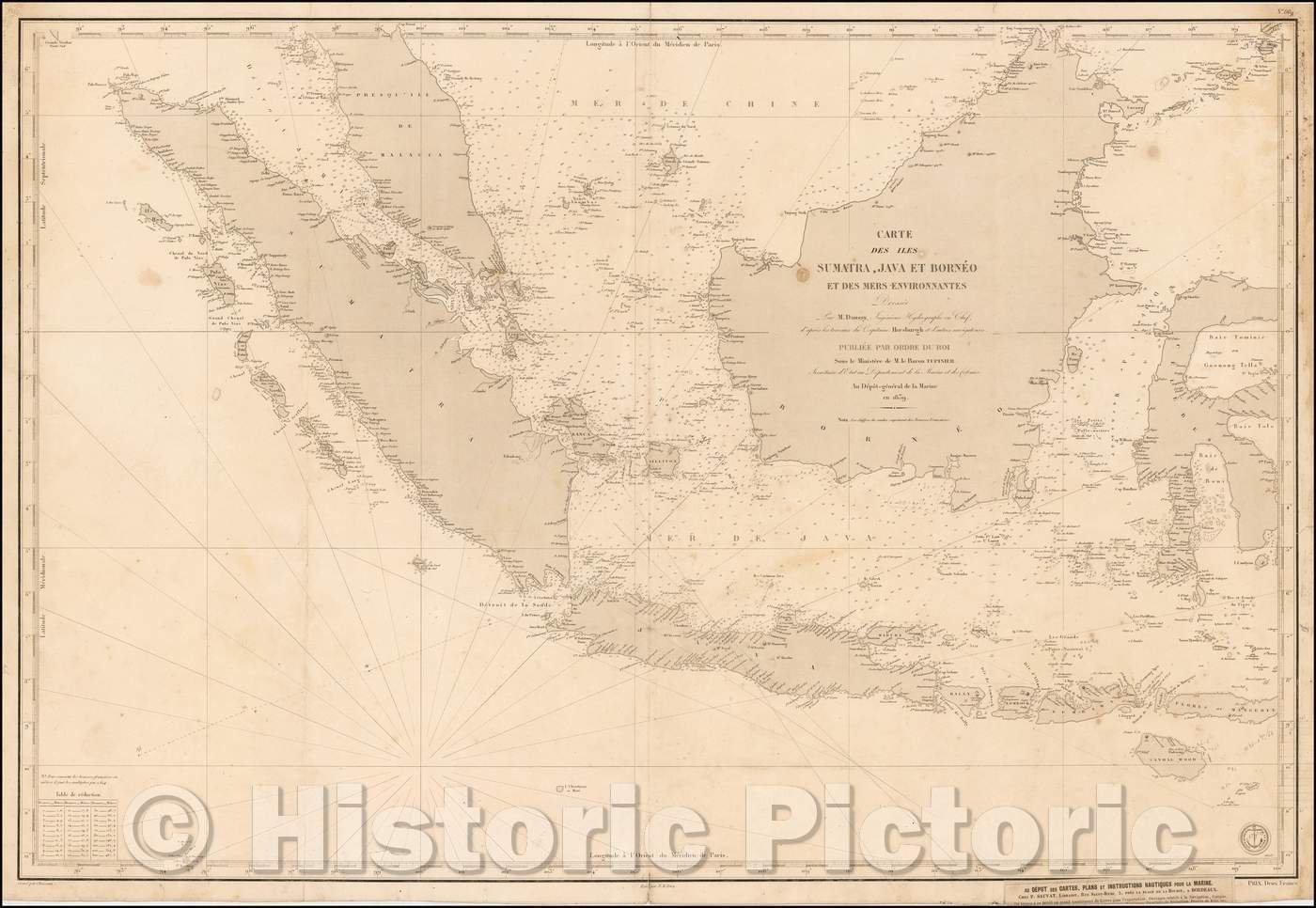 Historic Map - Carte Des Iles Sumatra, Java et Borneo et Des Mers Environnates/French Sea Chart of Sumatra, Java, Borneo, Celebes and environs, 1839 - Vintage Wall Art