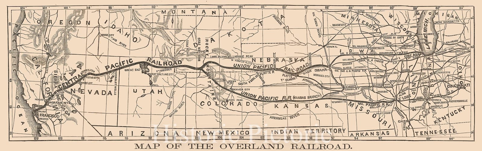 Historic Map - Map of the Overland Railroad (Early Central Pacific RR), 1866, Anonymous - Vintage Wall Art