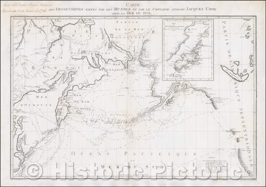Historic Map - Carte des Decouvertes faites par les Russes/Map of the Discoveries made by the Russian and the English Captain Jacques Cook in the South Sea, 1787 - Vintage Wall Art