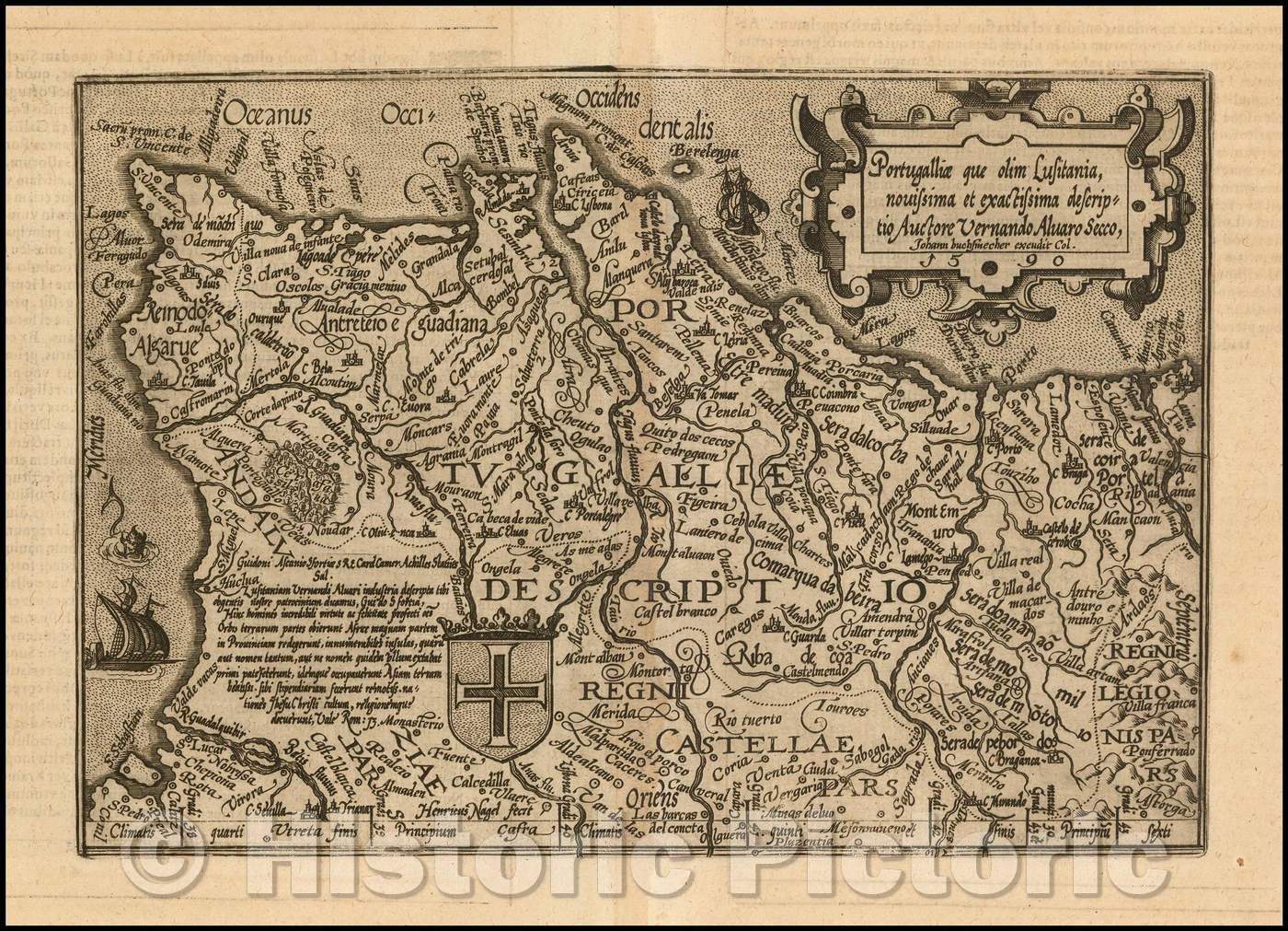 Historic Map - Portugalliae que olim Lusitania, novissima et exactissima descriptio Vernando Avaro Secco, 1590, Janus Bussemacher - Vintage Wall Art