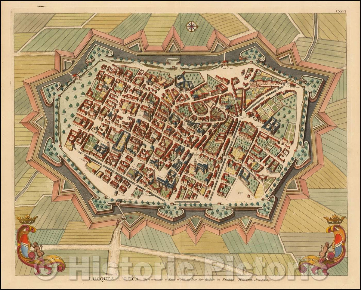 Historic Map - Lucques ou Luca Dessinee sur le Lieu et Mis au Iour Par le Soin de Pierre Mortier :: Plan of Luca, Mortier's town book of Italian cities, 1700 - Vintage Wall Art