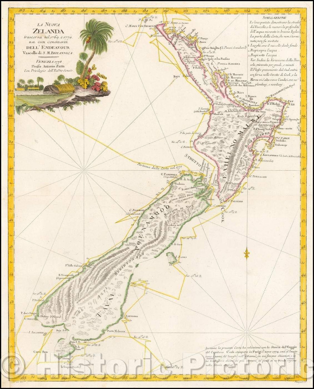 Historic Map - La Nuova Zelanda trascorsa nel 1769 e 1770 d'al Cook Comandante dell' Endeavour Vascello di S. M. Britannica, 1778, Antonio Zatta - Vintage Wall Art
