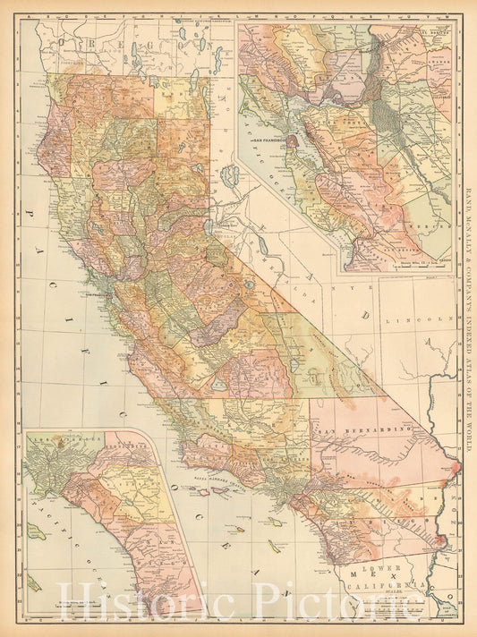 Historic Map - California, 1895, Rand McNally & Company - Vintage Wall Art