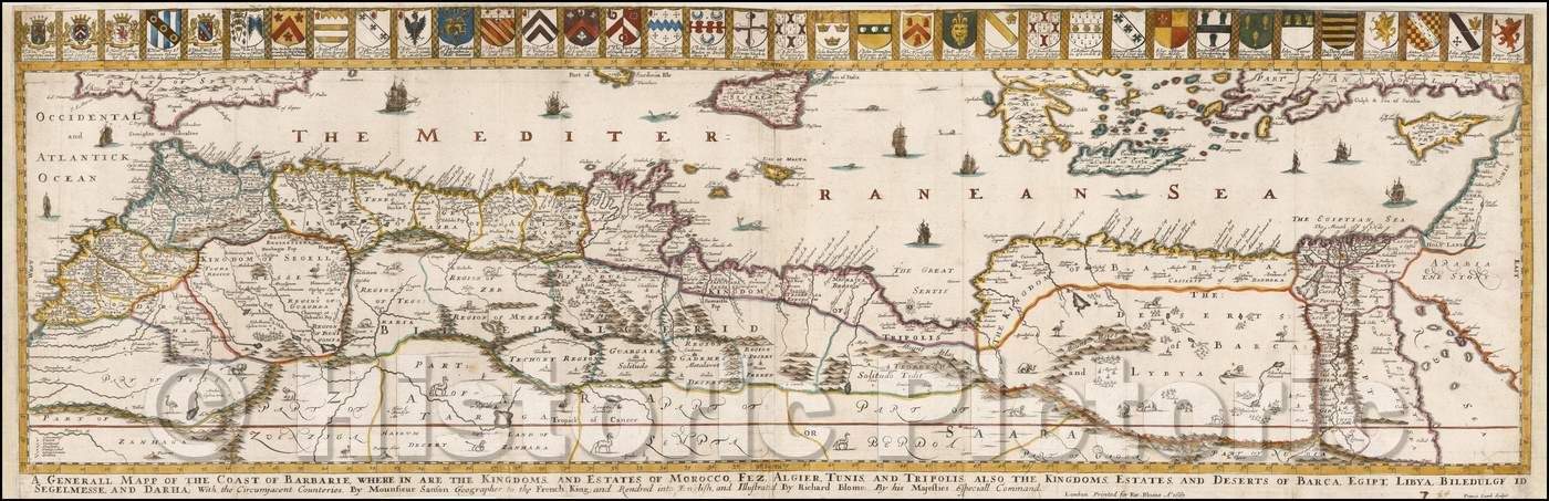 Historic Map - A Generall Mapp of the Coast of Barbarie, Where In Are The Kingdoms And Estates Of Morocco, Fez, Algier, Tunis and Tripolis: 1667, Richard Blome - Vintage Wall Art