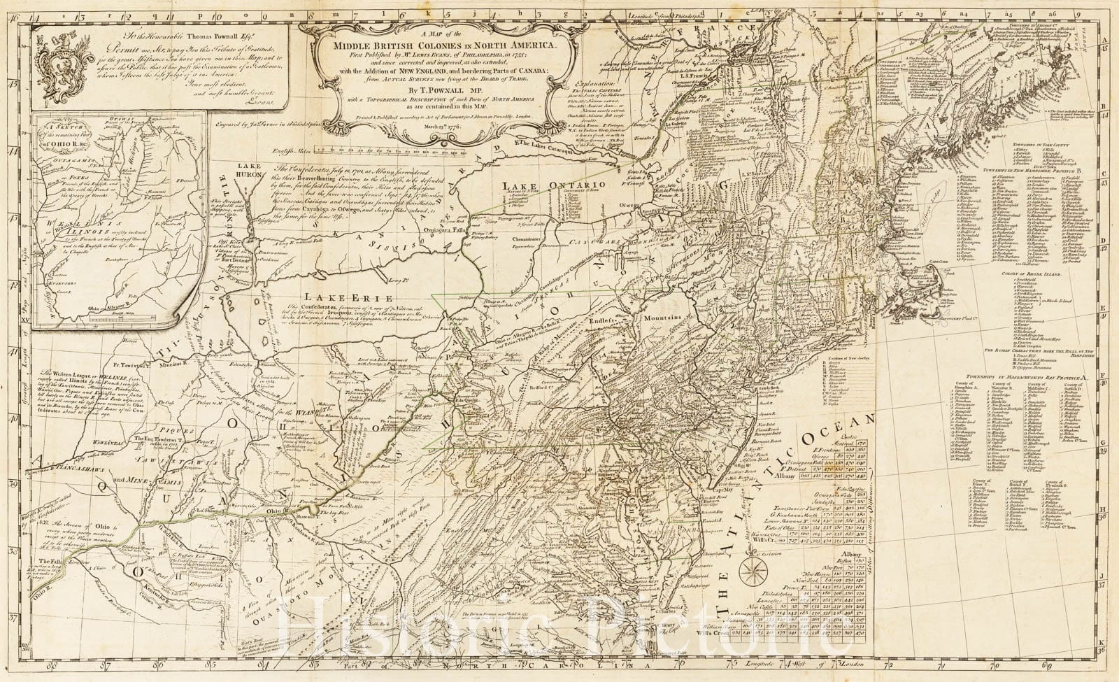 Historic Map - Middle British Colonies In North America First, 1755, Lewis Evans v2