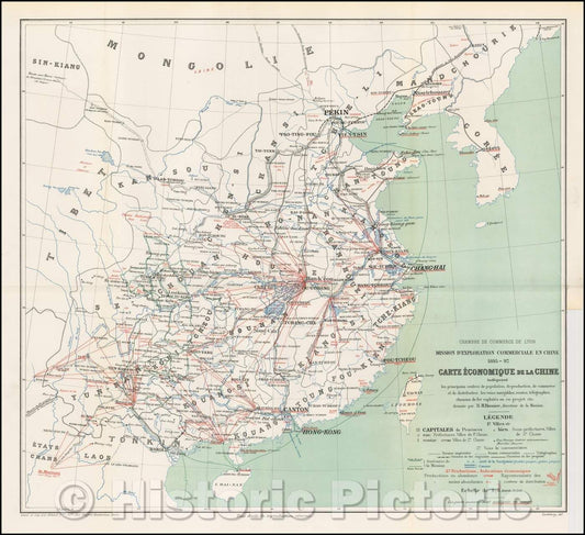 Historic Map - Mission D'Exploration Commerciale en Chine/Regional Map of eastern China, published by the Lyon (France) Chamber of Commerce, 1898 - Vintage Wall Art