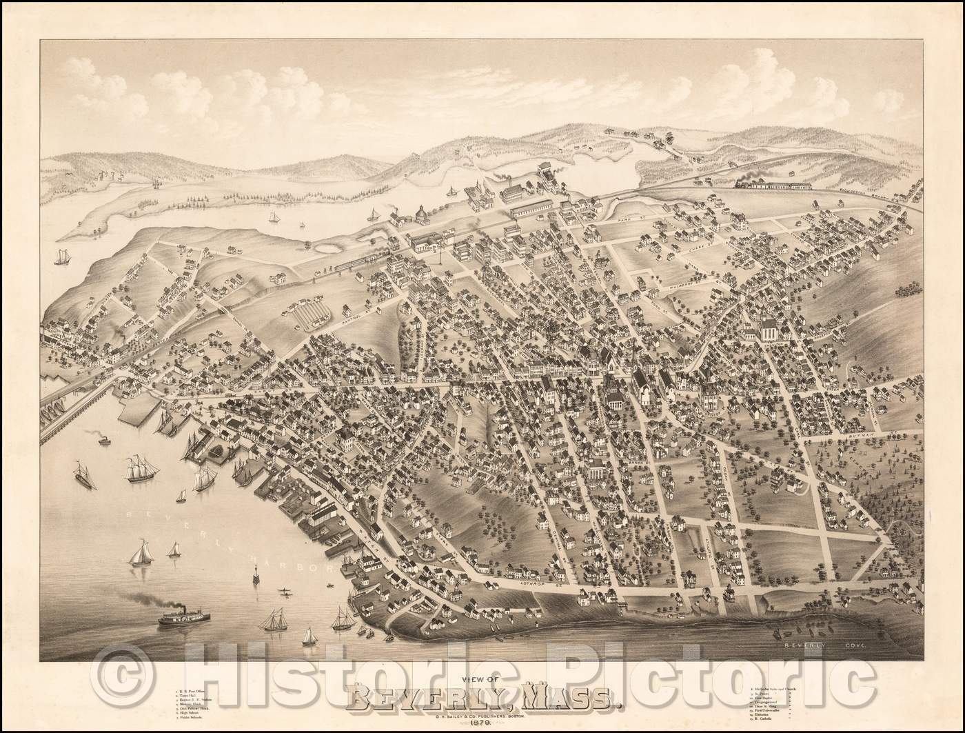 Historic Map - View of Beverly, Mass, 1879, O.H. Bailey - Vintage Wall Art