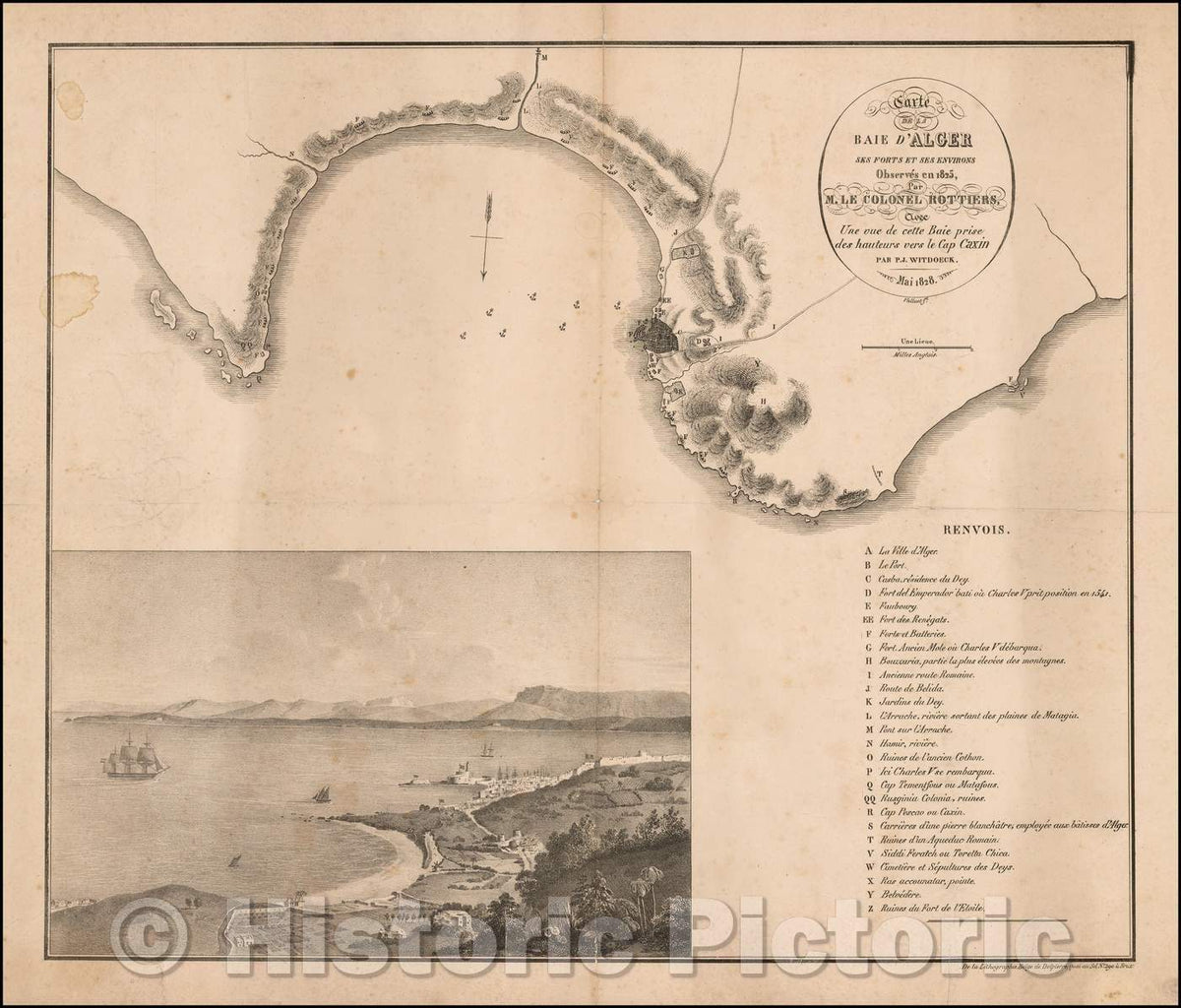 Historic Map - Carte de la Baie d'Alger ses forts et ses environs Observes en 1825 / Chart and View of Algiers and the Bay of Algiers, 1828 - Vintage Wall Art