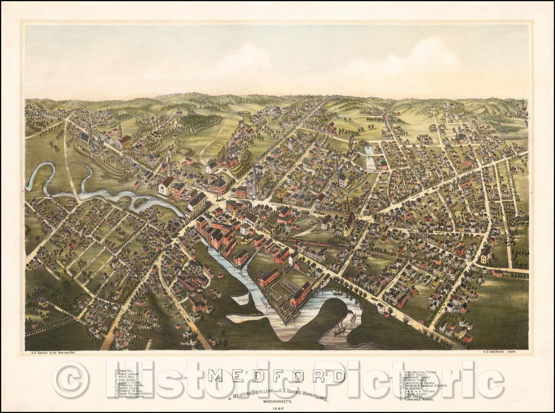Historic Map - Medford W. Medford Distillery and U.S. Bonded Warehouses. Massachusetts, 1880, O.H. Bailey - Vintage Wall Art
