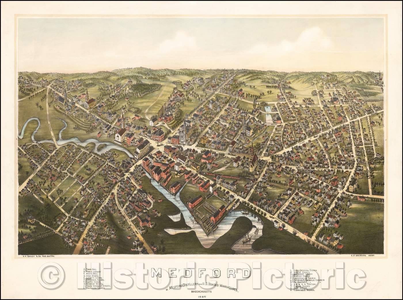 Historic Map - Medford W. Medford Distillery and U.S. Bonded Warehouses. Massachusetts, 1880, O.H. Bailey - Vintage Wall Art