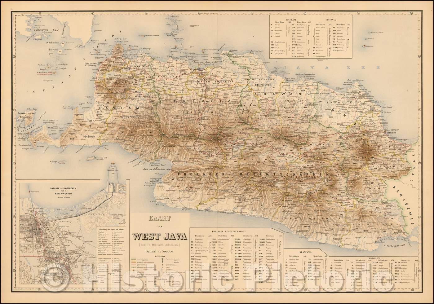 Historic Map - Kaart van West Java/Attractively color-printed Map of Western Java, Harbor of Batavia and environs, 1885, J.W. Stemfoort - Vintage Wall Art