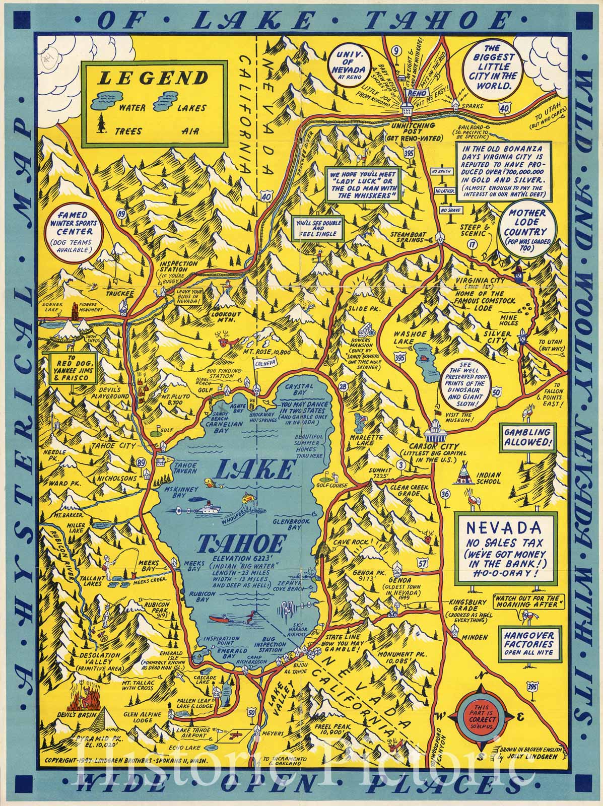 Historic Map - A Hysterical Map Of Lake Tahoe Wild and Woolly Nevada With Its Wide Open Places, 1947, Lindgren Brothers v2