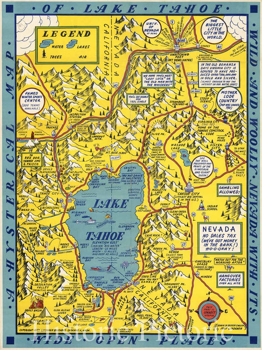 Historic Map - A Hysterical Map Of Lake Tahoe Wild and Woolly Nevada With Its Wide Open Places, 1947, Lindgren Brothers v2