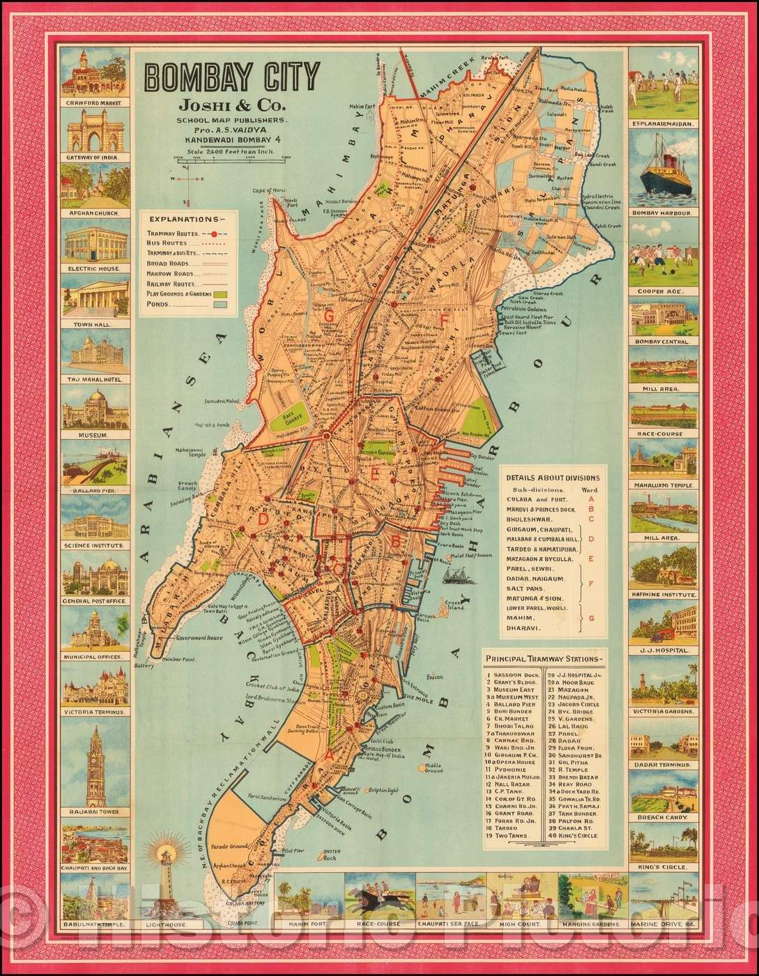 Historic Map - Bombay City Joshi & Co. School Map Publishers. Pro. A.S. Vaidya. Kandewadi Bombay 4, 1940, A.S. Vaidya - Vintage Wall Art
