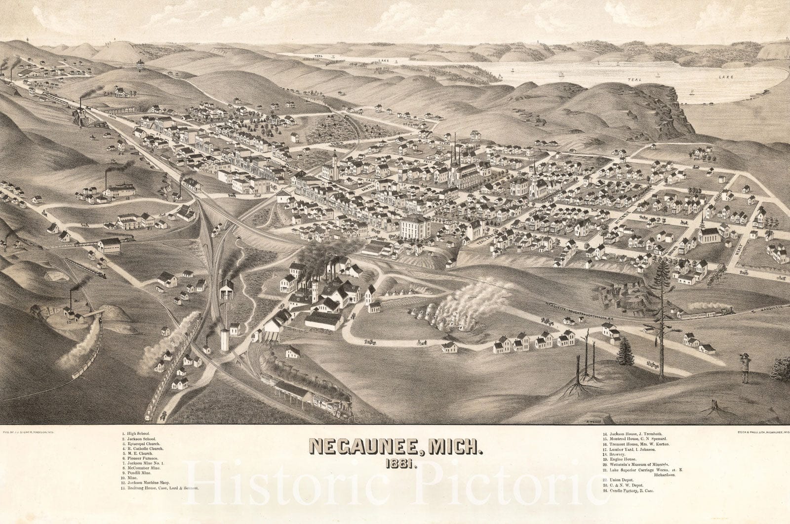 Historic Map - Negaunee, Mich. 1881 / Bird's-eye View of Nagaunee, Michigan, 1881, J.J. Stoner - Vintage Wall Art