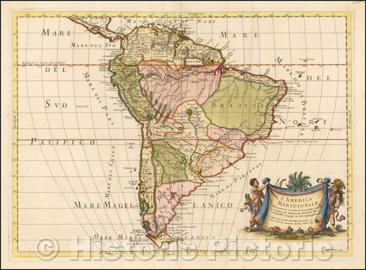 Historic Map - L'America Meridionale Nuovamente corretta et accresciuta, 1677, Giacomo Giovanni Rossi - Vintage Wall Art