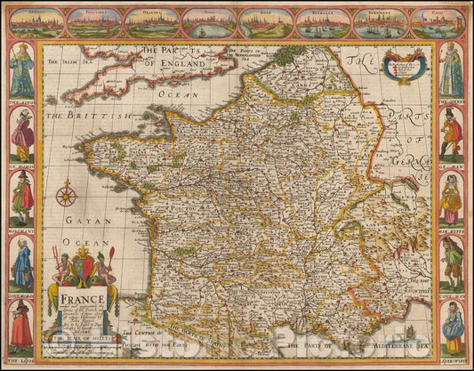 Historic Map - France revised and augmented the attires of the French and Situations of their Cheifest cityes observed, 1676, John Speed v2