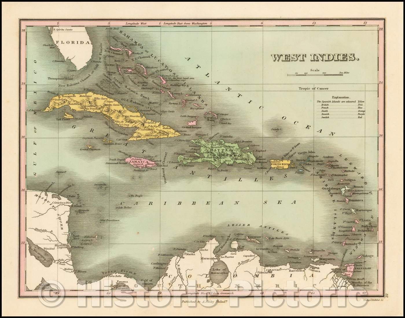 Historic Map - West Indies, 1824, Anthony Finley - Vintage Wall Art