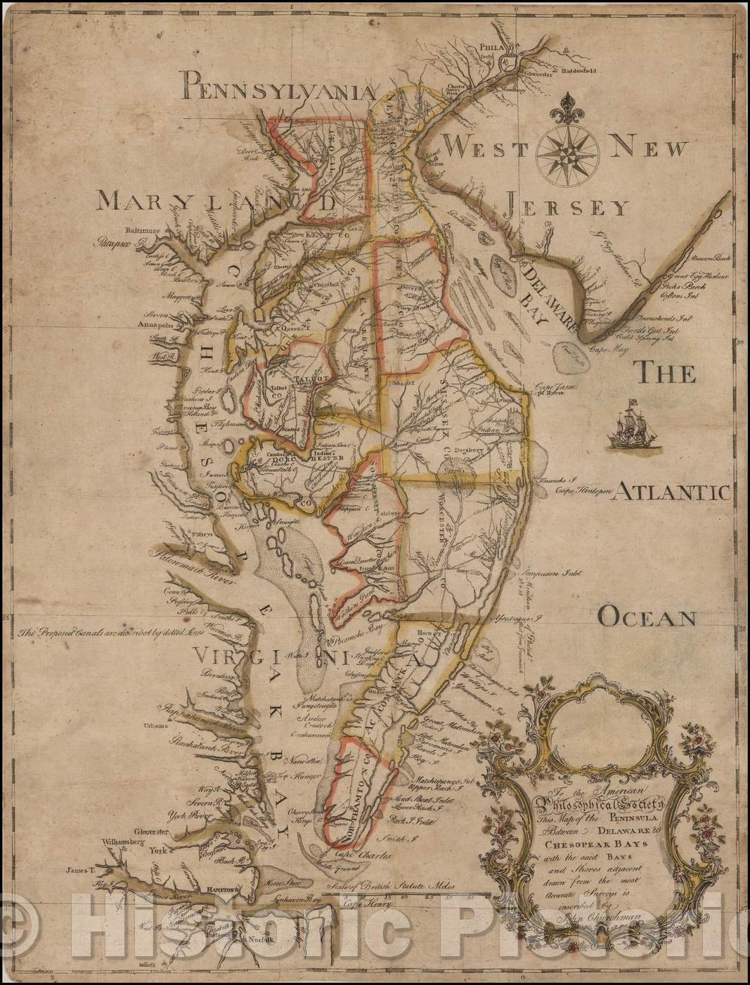 Historic Map - This Map of the Peninsula between Delaware & Chesopeak Bays, 1779, John Churchman - Vintage Wall Art
