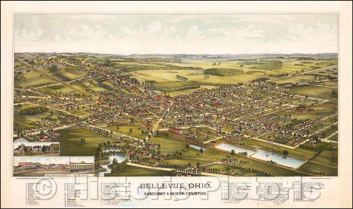 Historic Map - Bellevue, Ohio. Sandusky & Huron Counties, 1888, Burleigh & Norris - Vintage Wall Art
