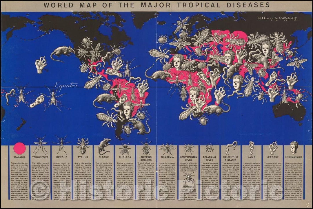 Historic Map - World Map of the Major Tropical Diseases, 1944, Boris Artsybasheff - Vintage Wall Art