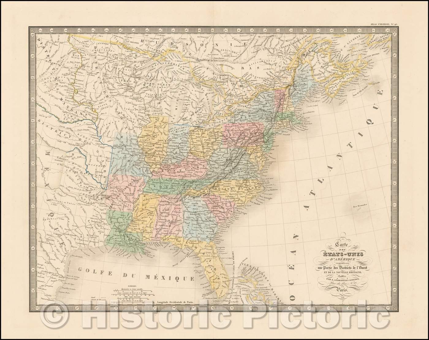 Historic Map - Etats-Unis D'Amerique Comprenant une Partie des Distric :: Etats-Unis D'America Comprising a Part of Western Distri, 1844 - Vintage Wall Art