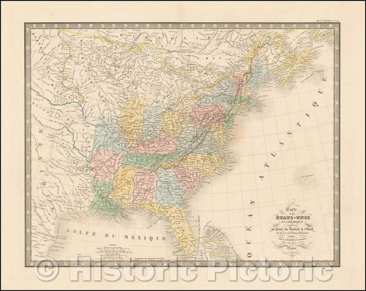 Historic Map - Etats-Unis D'Amerique Comprenant une Partie des Distric :: Etats-Unis D'America Comprising a Part of Western Distri, 1844 - Vintage Wall Art
