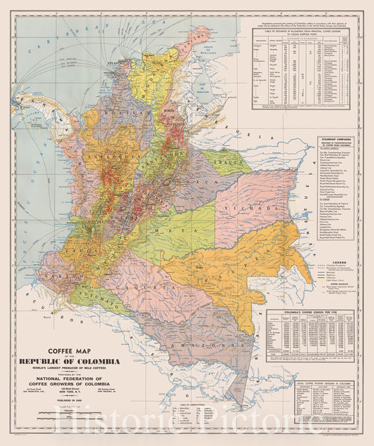 Historic Map - Coffee Map of the Republic of Columbia World's Largest Producer of Mild Coffees, 1939, National Federation of Coffee Growers of Colombia - Vintage Wall Art