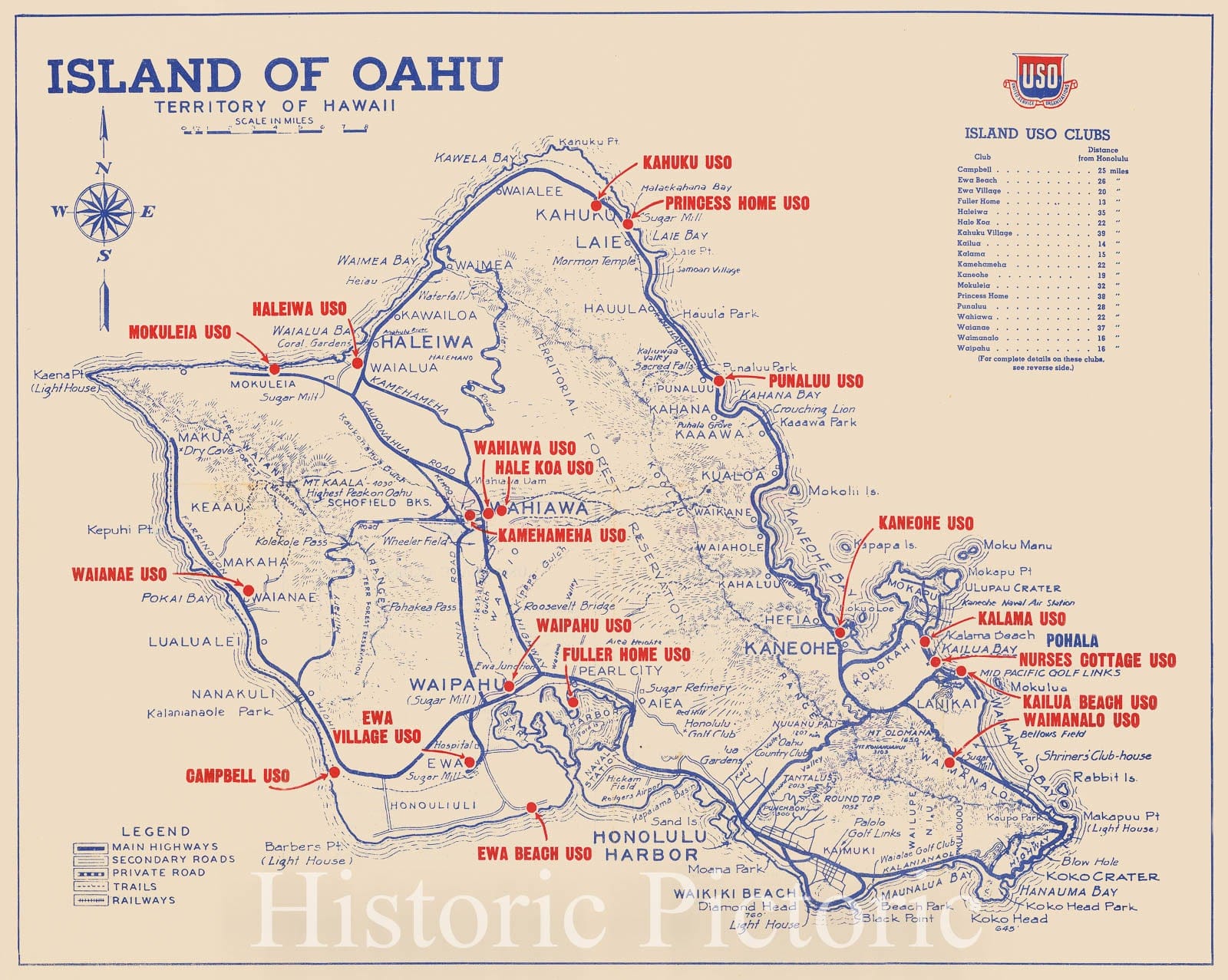 Historic Map - Island of Oahu Territory of Hawaii, 1945, USO - Vintage Wall Art