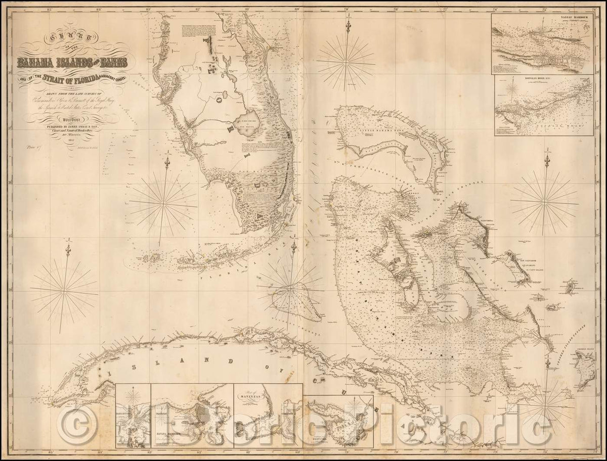 Historic Map - Chart of the Bahama Islands and Banks and of the Strait of Florida & Adjacent Coasts, 1854, James Imray & Son - Vintage Wall Art
