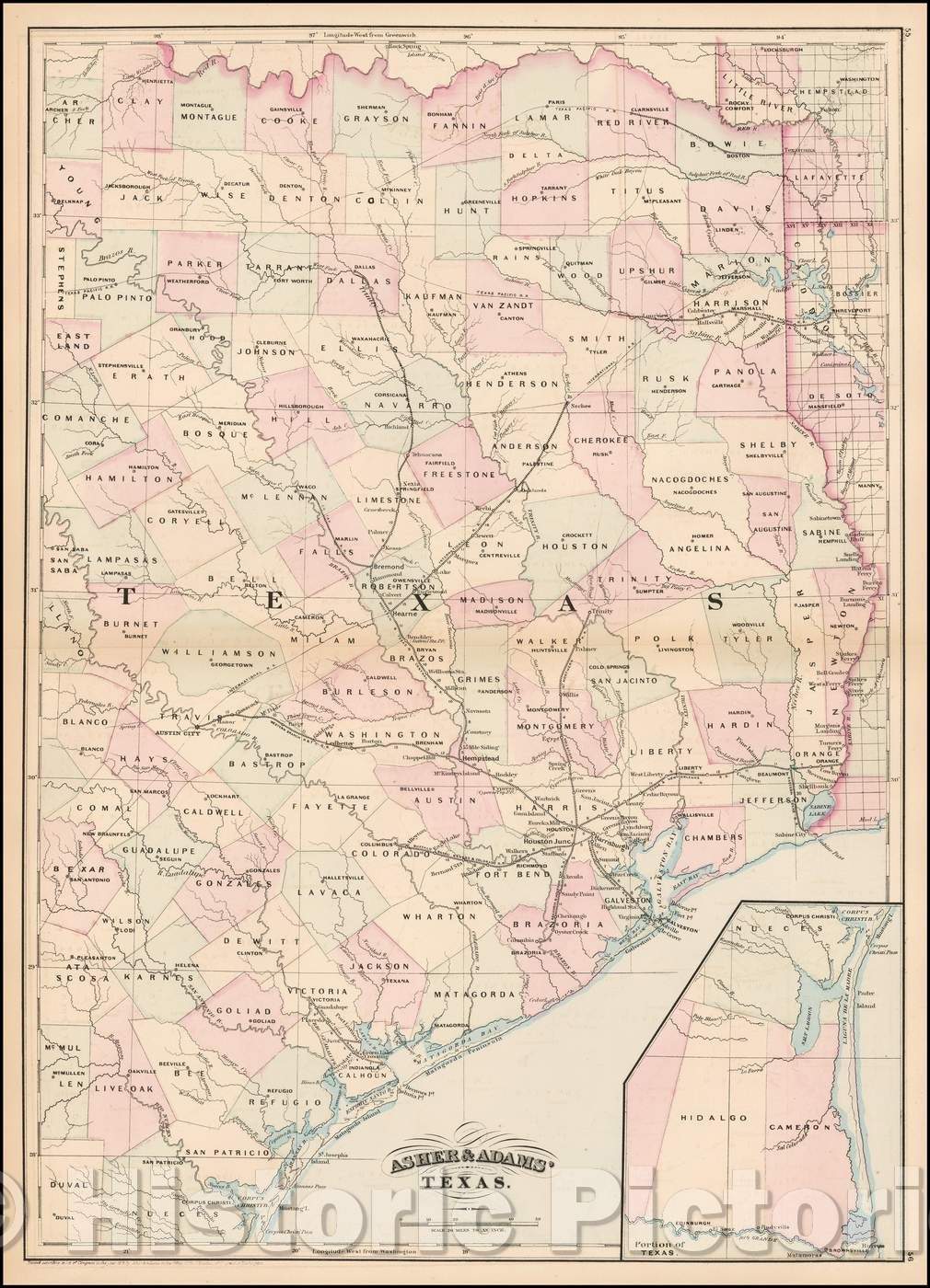 Historic Map - Asher & Adams' Texas Eastern Portion, 1874, Asher v3