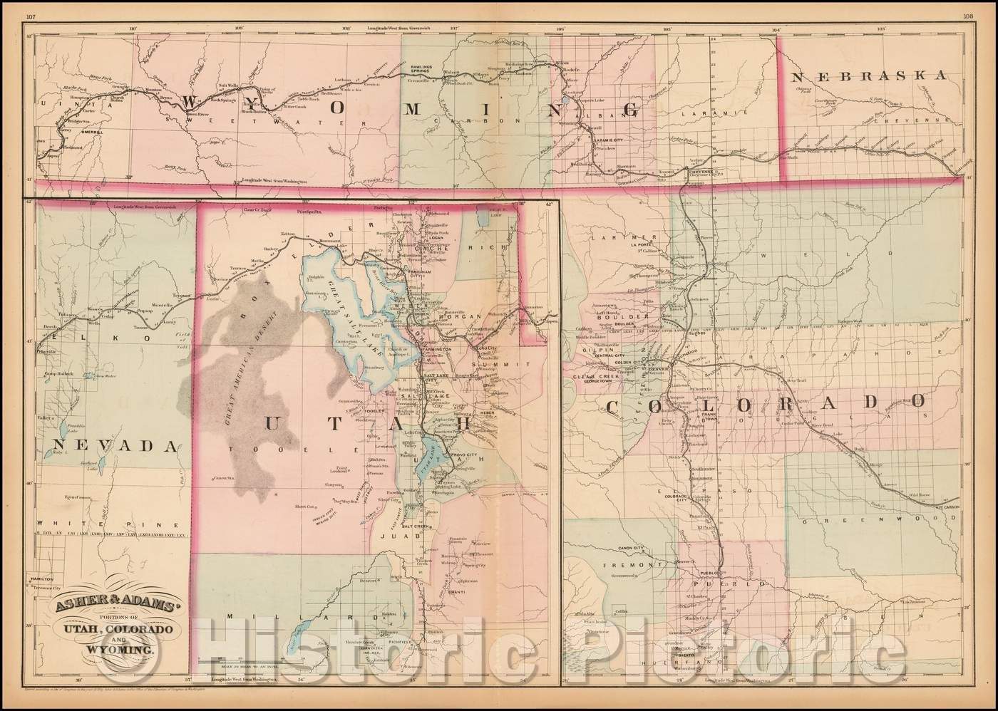 Historic Map - Asher & Adams' Portions Of Utah, Colorado and Wyoming, 1873, Asher - Vintage Wall Art
