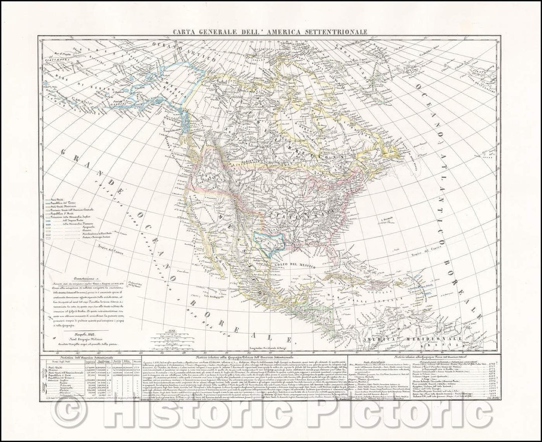 Historic Map - Carta Generale Dell' America Settentrionale/Benedetto Marzolla's Map of of North America, 1842, Benedetto Marzolla - Vintage Wall Art