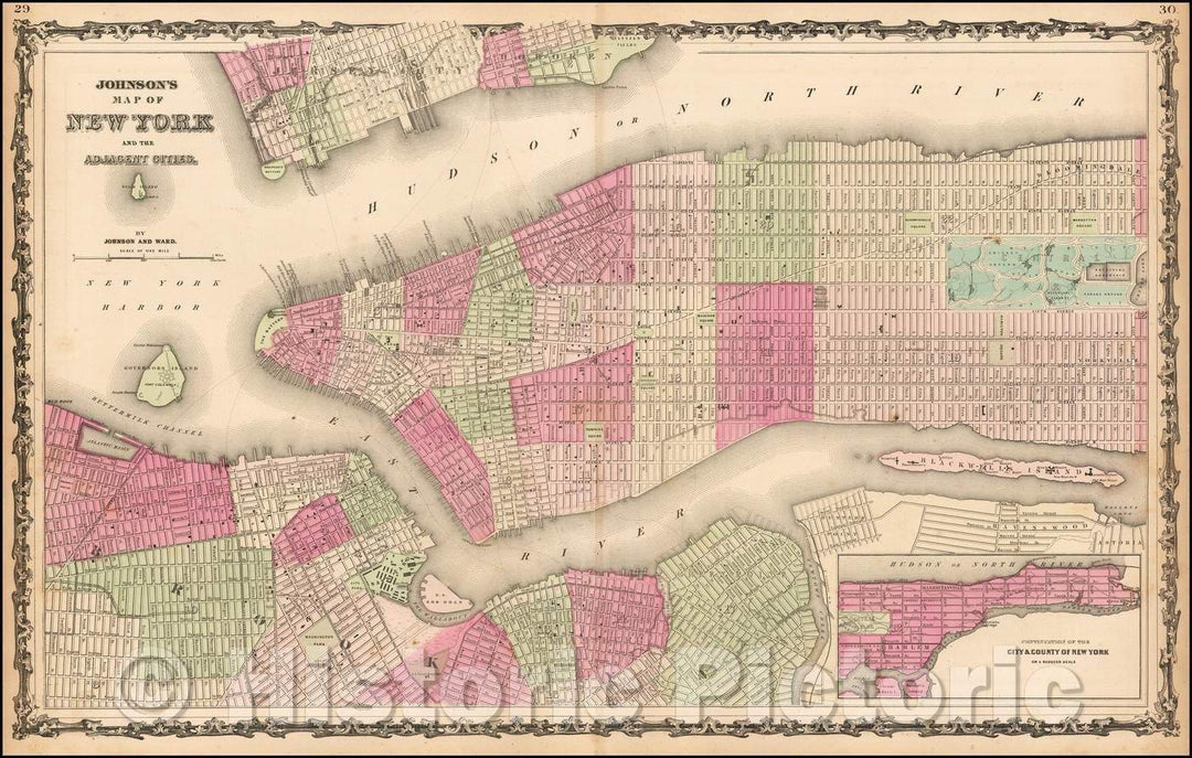 Historic Map - Johnson's Map of New York and the Adjacent Cities, 1863, Benjamin Ward v3