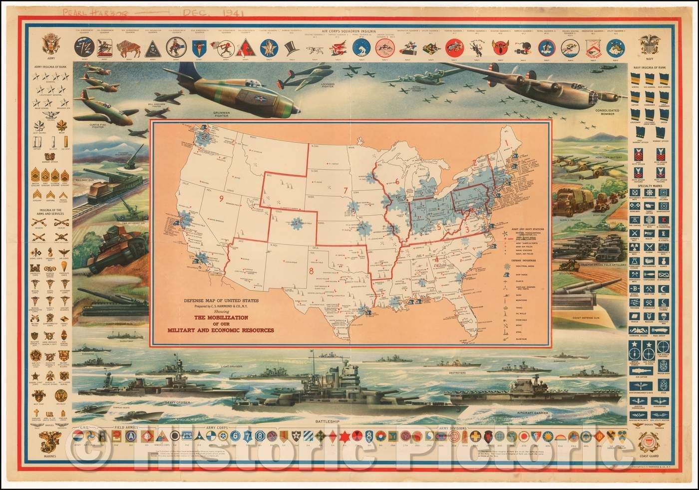 Historic Map - Defense Map of the United States, 1942, Hammond & Co. - Vintage Wall Art
