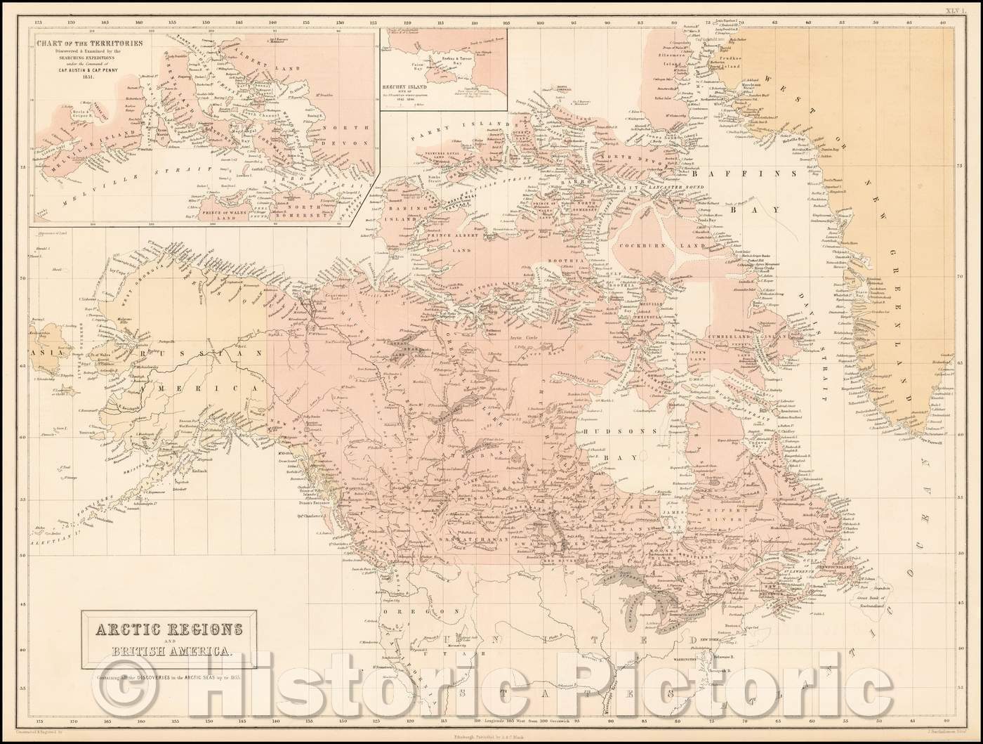Historic Map - Arctic Regions and British America Containing Discoveries in the Arctic Seas up to, 1854, Adam & Charles Black - Vintage Wall Art