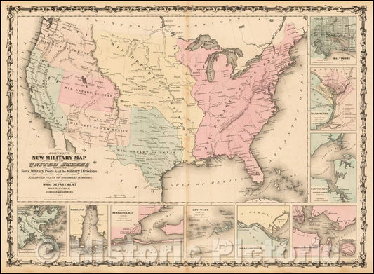 Historic Map - Johnson's New Military of the United States Forts, Military Posts & all the Military Divisions with Enlarged Plans of the Southern Harbors, 1861 v3