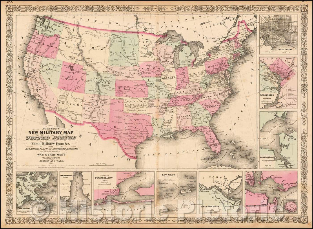 Historic Map - Johnson's New Military Map of the United States Forts, Military Posts with Enlarged Plans of the Southern Harbors, 1862, Benjamin Ward v2