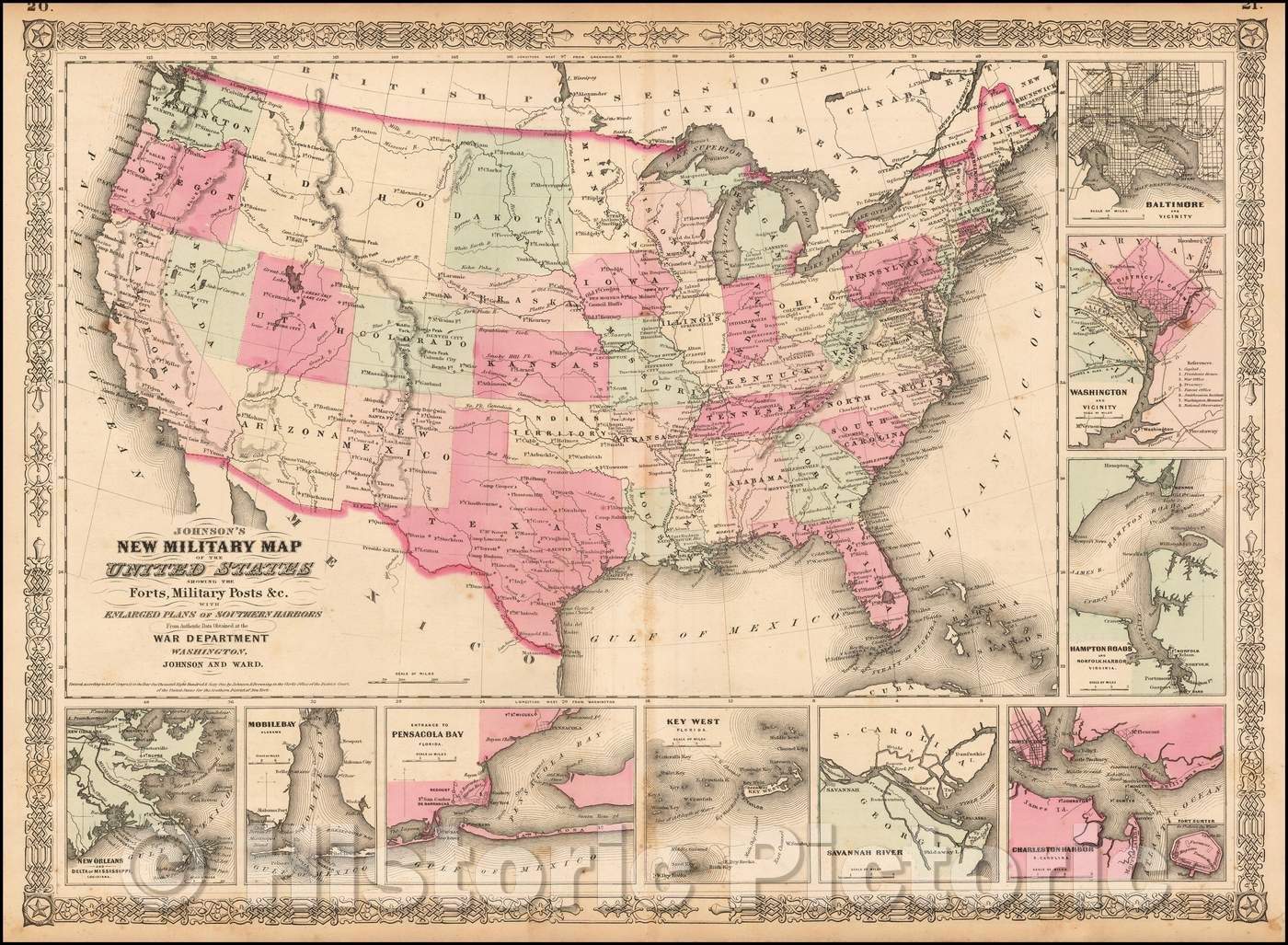 Historic Map - Johnson's New Military Map of the United States Forts, Military Posts with Enlarged Plans of the Southern Harbors, 1862, Benjamin Ward v2