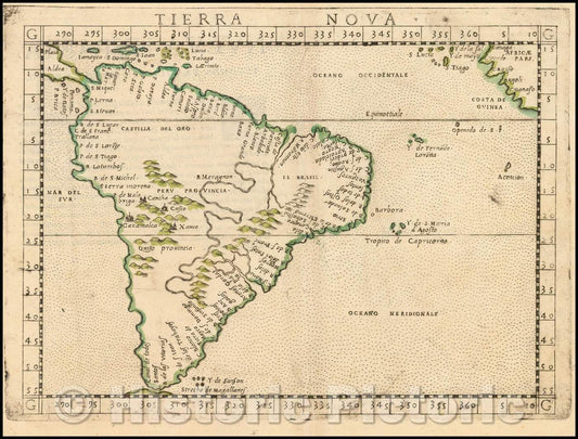 Historic Map - Tierra Nova [South America] / Ruscelli's Map of South America, extending from Labrador to Florida, 1561, Girolamo Ruscelli - Vintage Wall Art