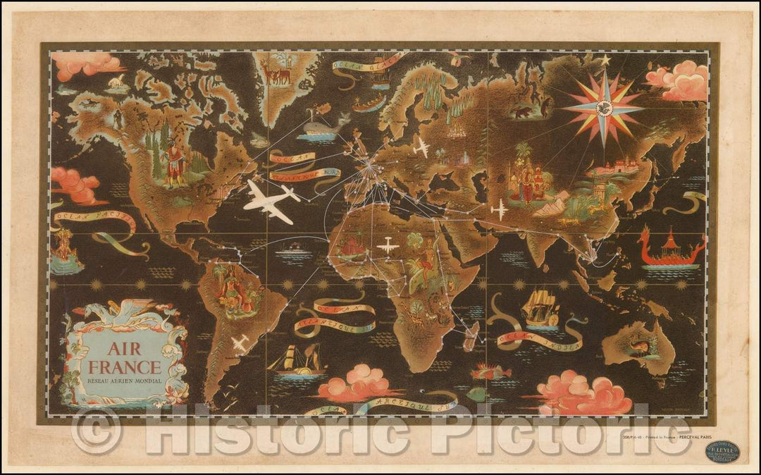 Historic Map - [World] Air France - Le Plus Grand Reseau Du Monde/Air France Map Poster, DC-7 Air France Routes, 1948, Lucien Boucher - Vintage Wall Art