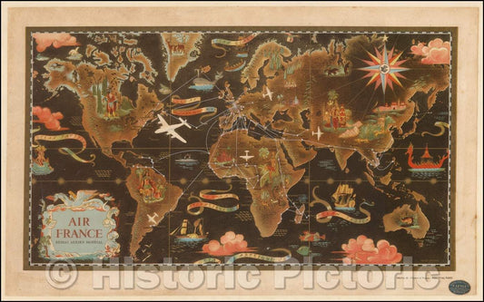 Historic Map - [World] Air France - Le Plus Grand Reseau Du Monde/Air France Map Poster, DC-7 Air France Routes, 1948, Lucien Boucher - Vintage Wall Art